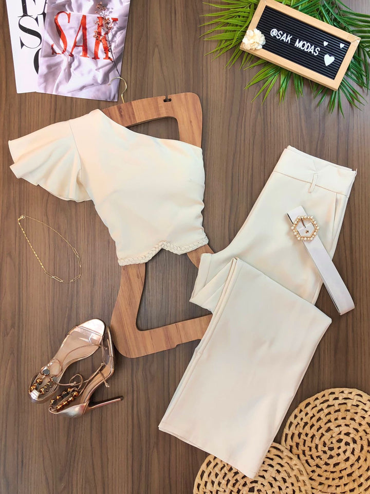 Conj. Cropped Detalhe Trançado e Calça Pantalona 0783