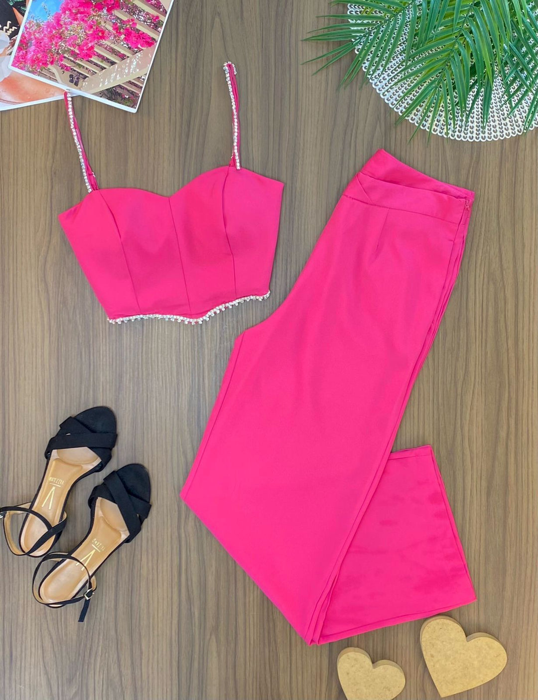 Conj. Cropped Strass e Calça Pantalona 2365
