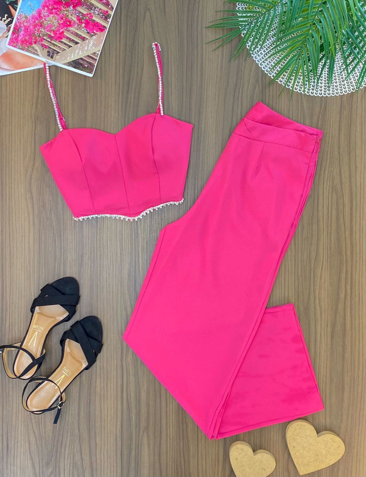 Conj. Cropped Strass e Calça Pantalona 2365