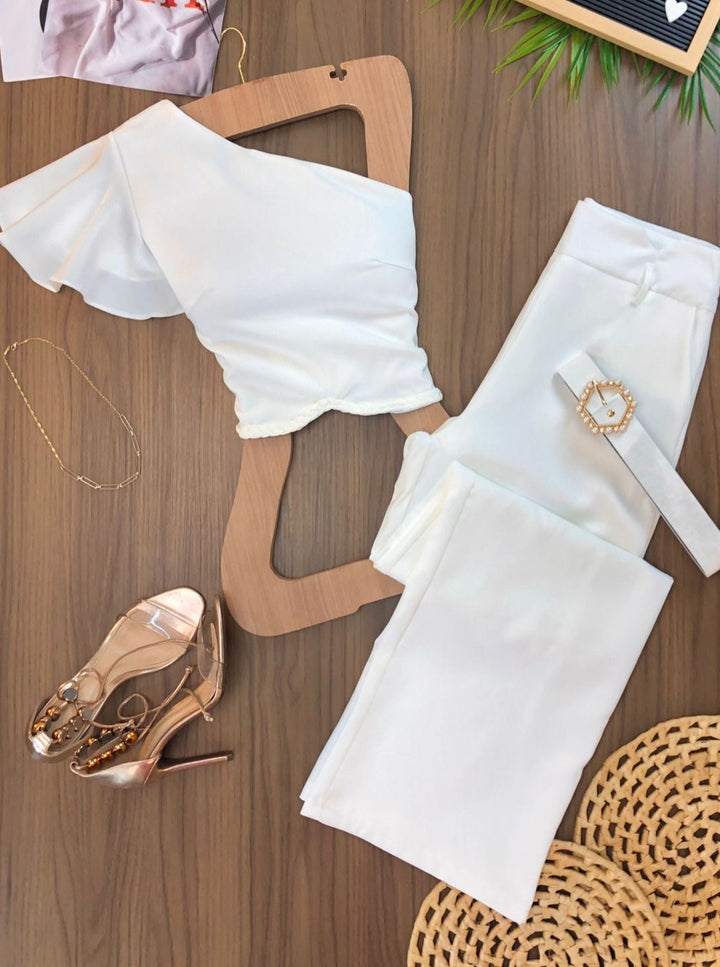 Conj. Cropped Detalhe Trançado e Calça Pantalona 0783
