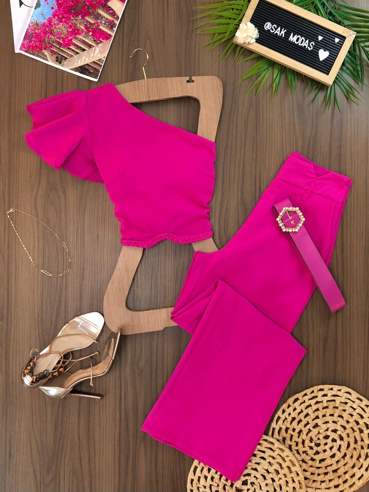 Conj. Cropped Detalhe Trançado e Calça Pantalona 0783