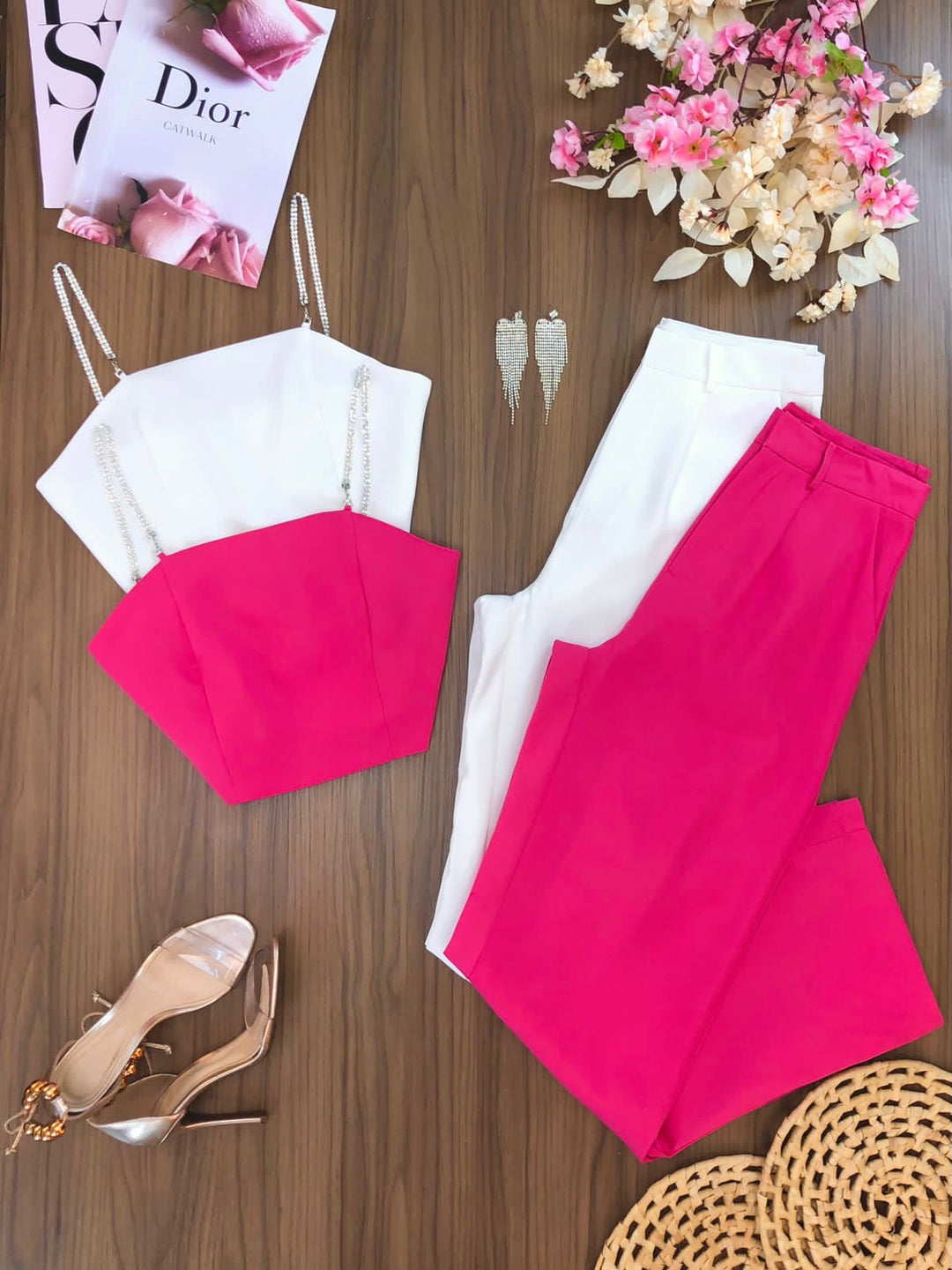 Conj. Cropped Alça Strass e Calça Pantalona 2337