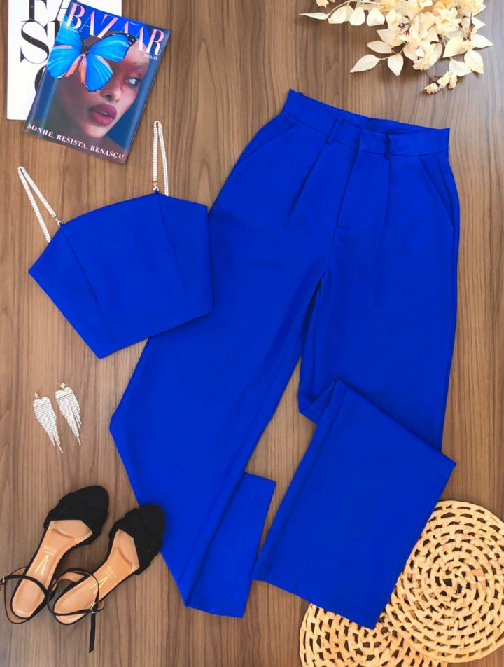 Conj. Cropped Alça Strass e Calça Pantalona 2337